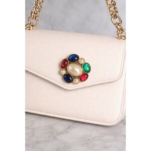 Vintage Avon Cabochon Brooch Gold Tone Faux Pearl Red Green Blue Classy Pin